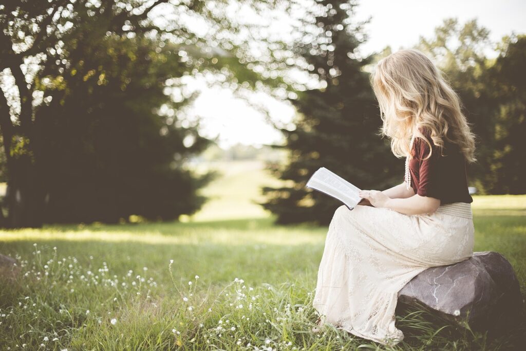 blonde, nature, girl, book, reading, sit, sitting, young woman, reading a book, reading girl, grass, outdoors, woman