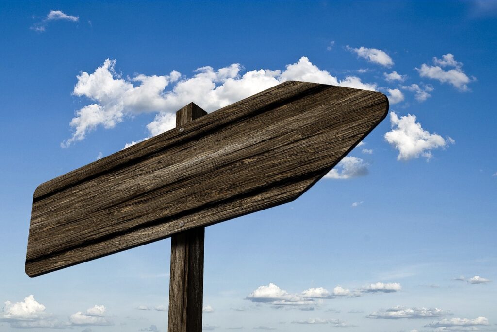 signpost, waypoint, wood, grain, board, sign, nature, direction, right, path, marking, arrow, heaven, clouds