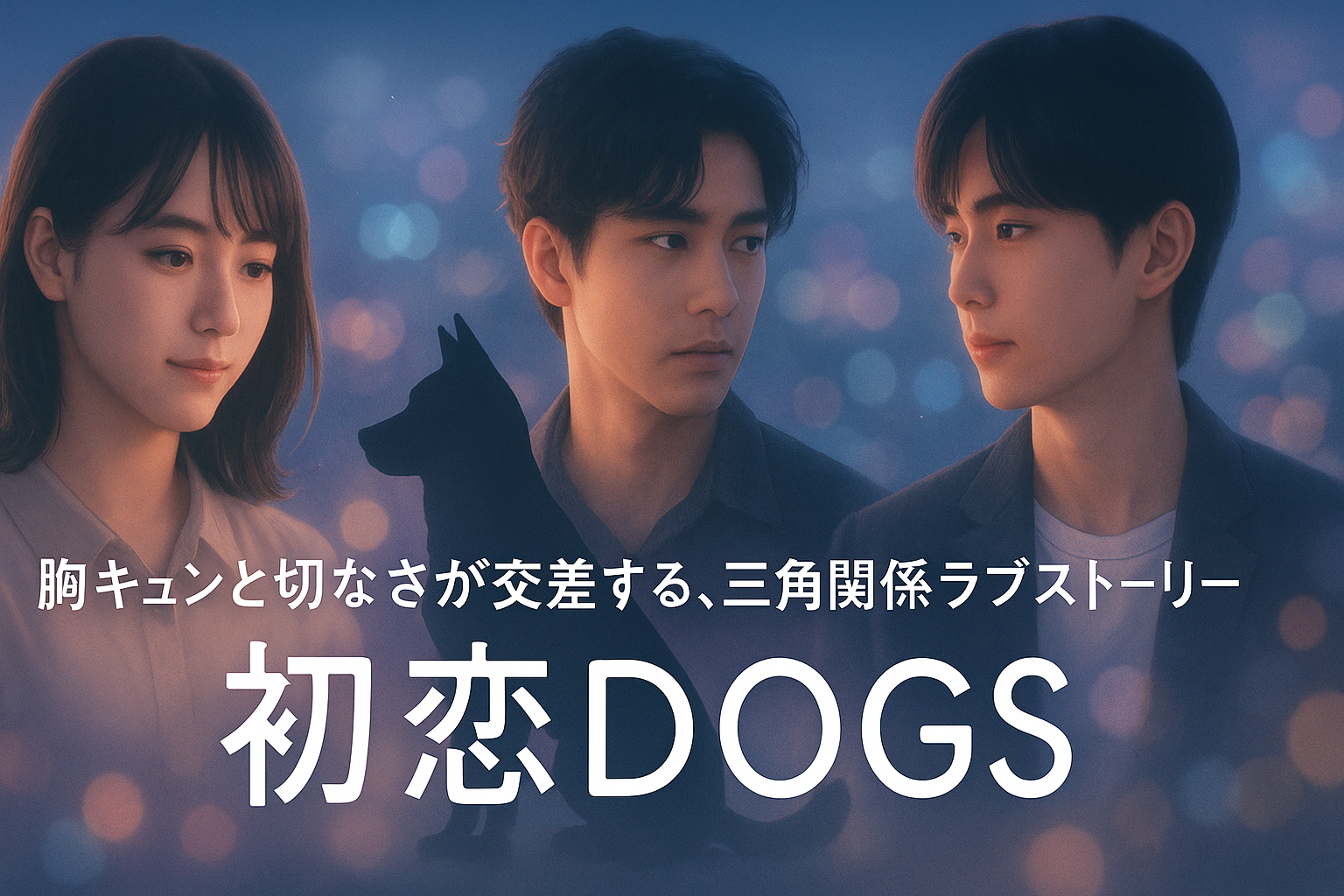初恋DOGSのアイキャッチ画像。夕暮れの街並みを背景に、三角関係を想起させる男女と犬のシルエットが並び、切なく温かい雰囲気が漂う。キャッチコピー「胸キュンと切なさが交差する、三角関係ラブストーリー」の文字入り。