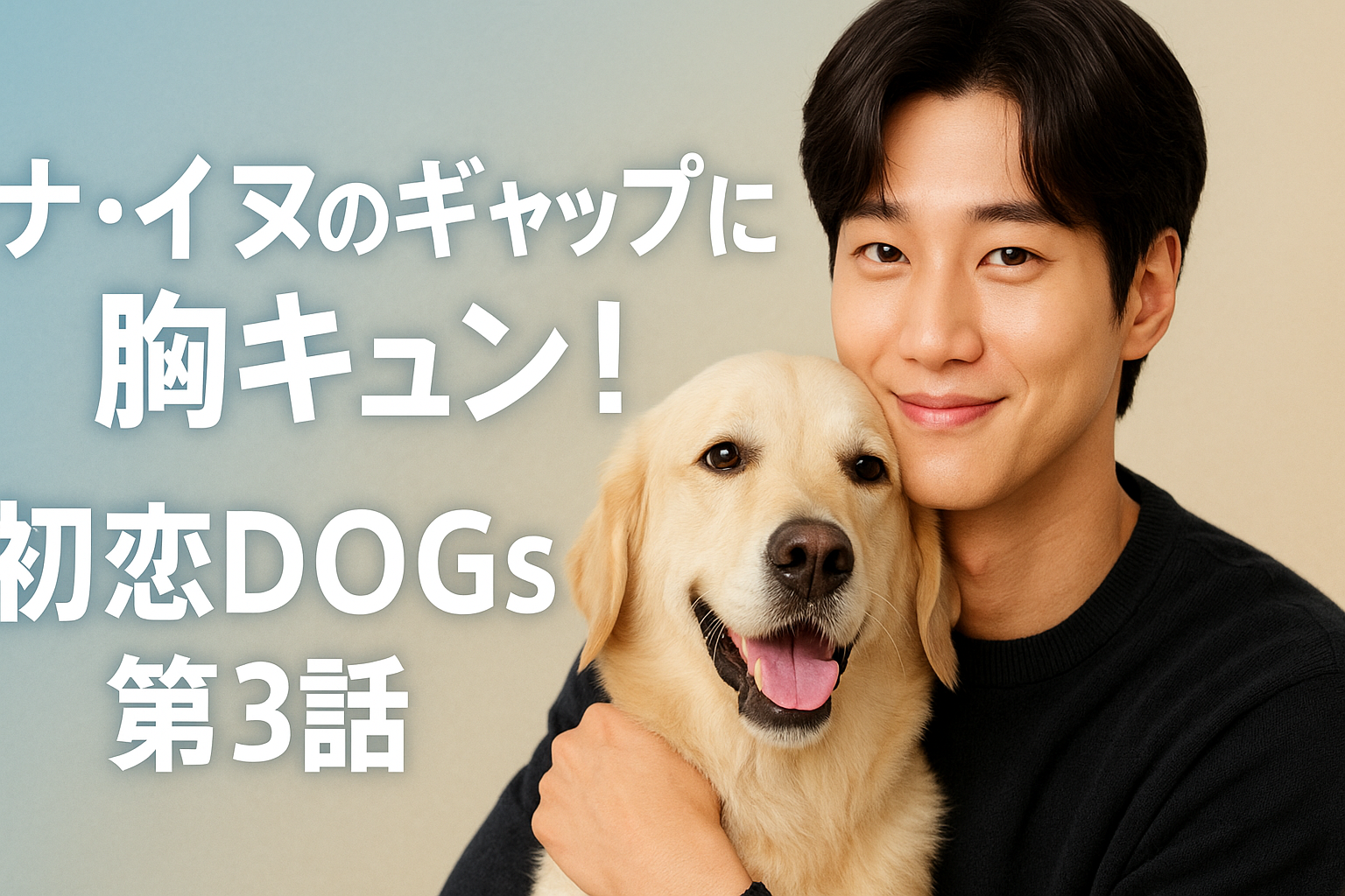 ナ・イヌが犬を抱いて優しく微笑む姿と「ナ・イヌのギャップに胸キュン！初恋DOGs第3話」のキャッチコピーが入った、温かみのある雰囲気のドラマ紹介アイキャッチ画像