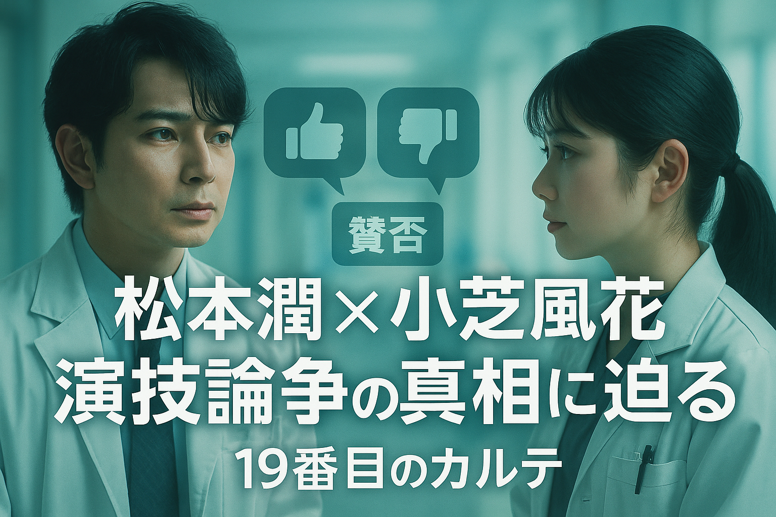 松本潤と小芝風花をイメージした男女のシルエットが向かい合う、ブルーとグリーン基調の病院風背景に「松本潤×小芝風花 演技論争の真相に迫る」と書かれたアイキャッチ画像。