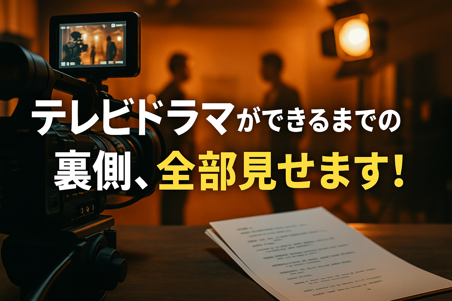 撮影スタジオの一角で、プロ用ビデオカメラと台本が手前に置かれ、奥で俳優が打ち合わせしているシルエット。オレンジの温かい照明が当たるドラマ制作現場の雰囲気に、「テレビドラマができるまでの裏側、全部見せます！」というキャッチコピーが入った画像。