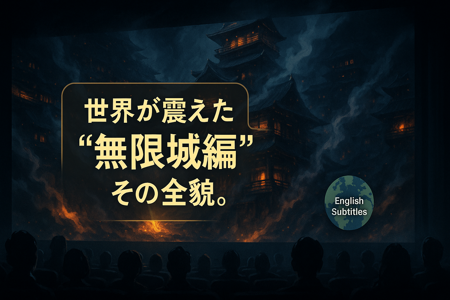 「鬼滅の刃 無限城編」の劇場シーンをイメージしたビジュアル。霧に包まれた幻想的な城がスクリーンに映し出され、観客が見つめる構図。画面中央には「世界が震えた“無限城編”その全貌。」というキャッチコピー、右下には英語字幕対応を示す地球アイコンが描かれている。