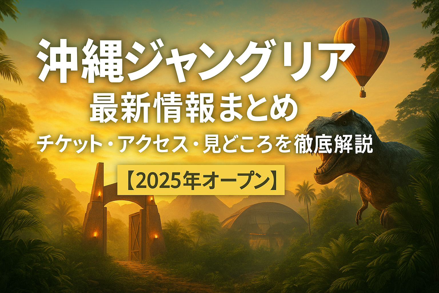 2025年夏オープンの新テーマパーク「沖縄ジャングリア」のアイキャッチ画像。朝焼けの熱帯ジャングルを背景に、巨大ゲート、恐竜、熱気球が浮かび上がる冒険的なイメージ。「チケット・アクセス・見どころを徹底解説」とタイトルが表示されている。