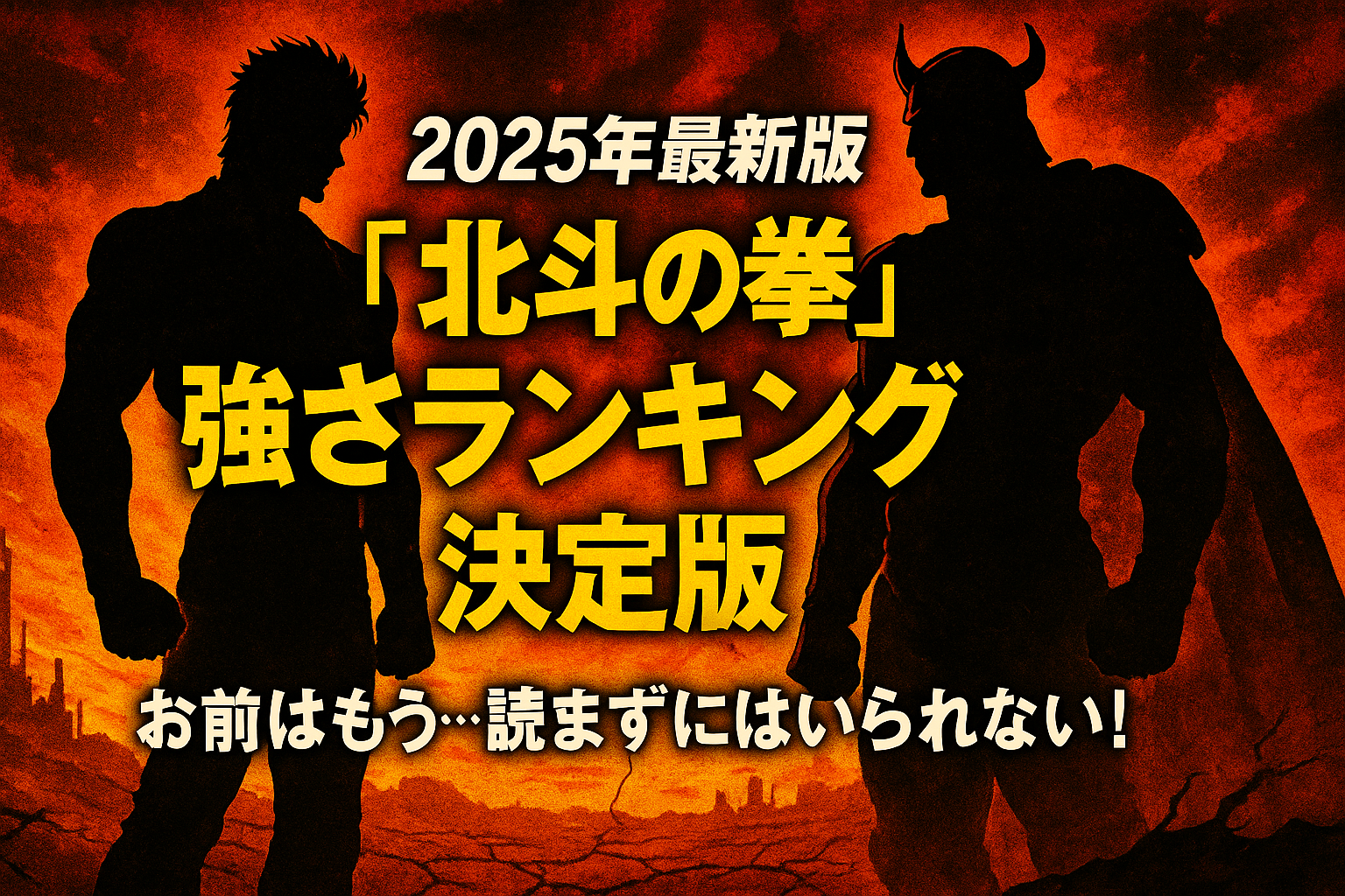 世紀末の荒野に佇むケンシロウのシルエットと「最強を決めろ！北斗の拳2025年最新版ランキング」のキャッチコピーが描かれた力強いイメージ画像
