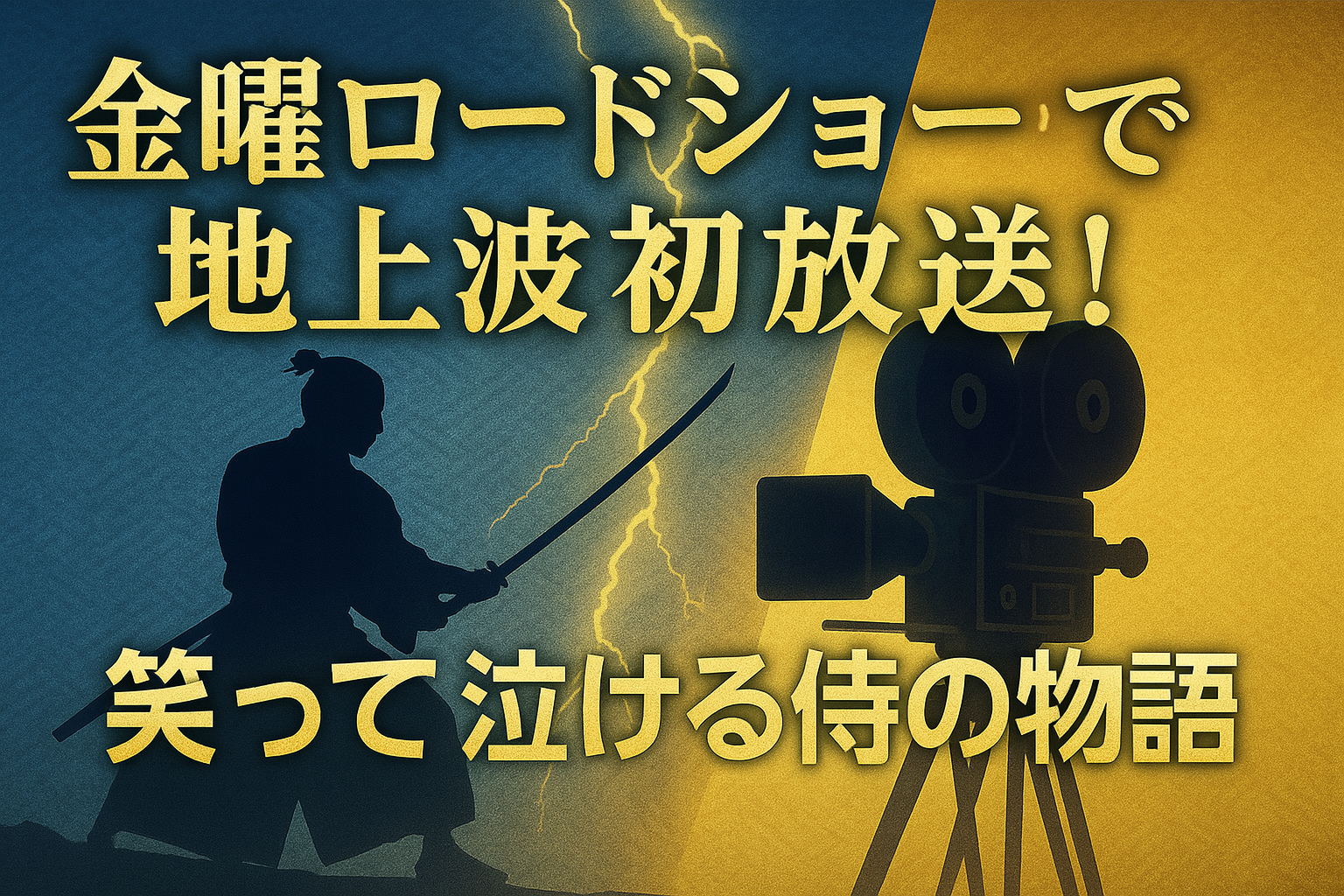 『侍タイムスリッパー』金曜ロードショーで地上波初放送を告知するアイキャッチ画像。左側に刀を構えた侍のシルエット、右側にクラシックな映画カメラ、背景は青と金のグラデーションに雷が走るデザイン。「金曜ロードショーで地上波初放送！笑って泣ける侍の物語」の文字入り。