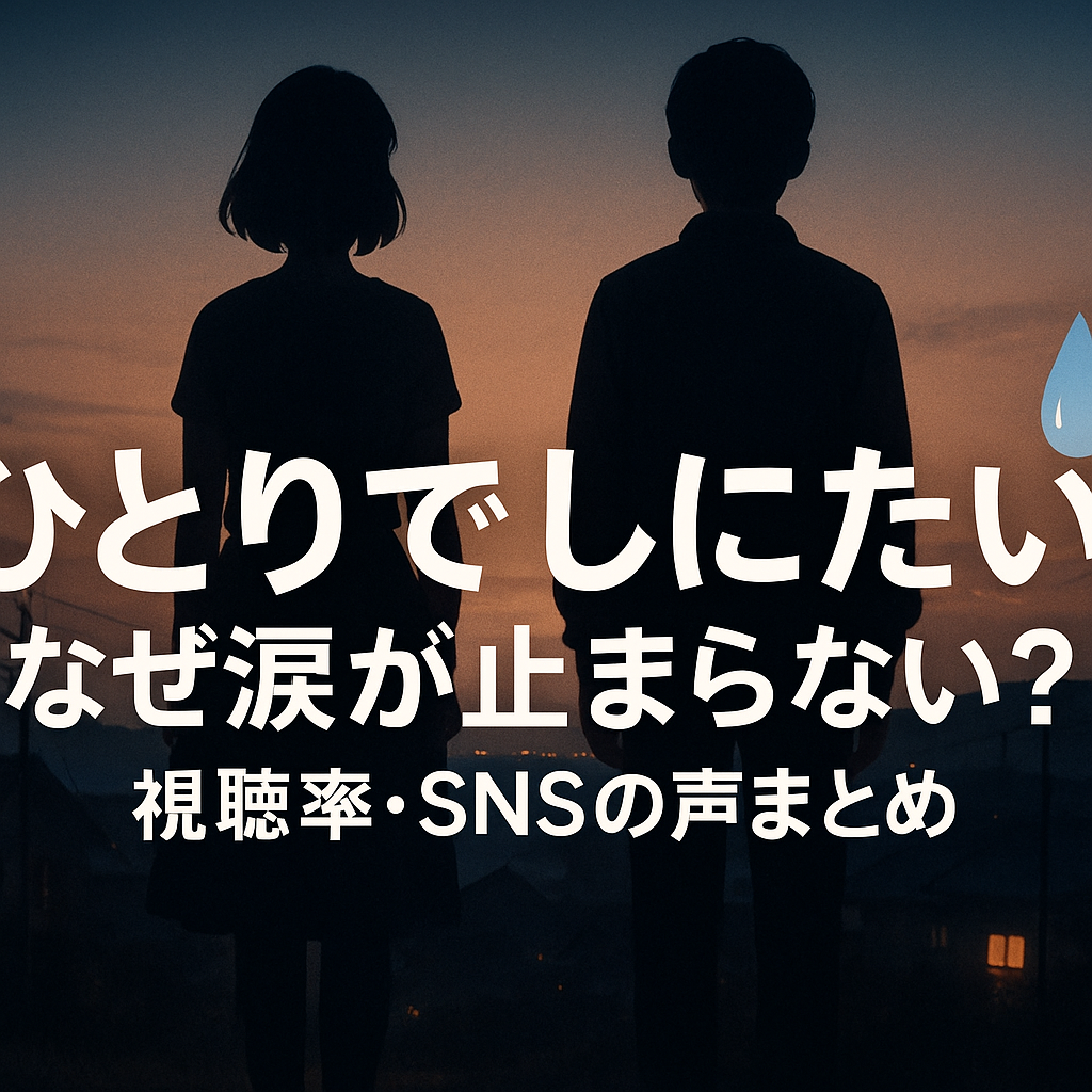 夕暮れの空を背景に、男女ふたりの後ろ姿のシルエットが並ぶ。下部には「ひとりでしにたい　なぜ涙が止まらない？　視聴率・SNSの声まとめ」と大きな白い文字が重なり、右上に青い涙マークが添えられている。静かで温かい雰囲気の中に、切なさや希望も感じさせるアイキャッチ画像。
