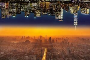 buildings, city, sunset, concept, idea, other side, other side of the earth, reverse, upside-down, fantasy, nature, mistral