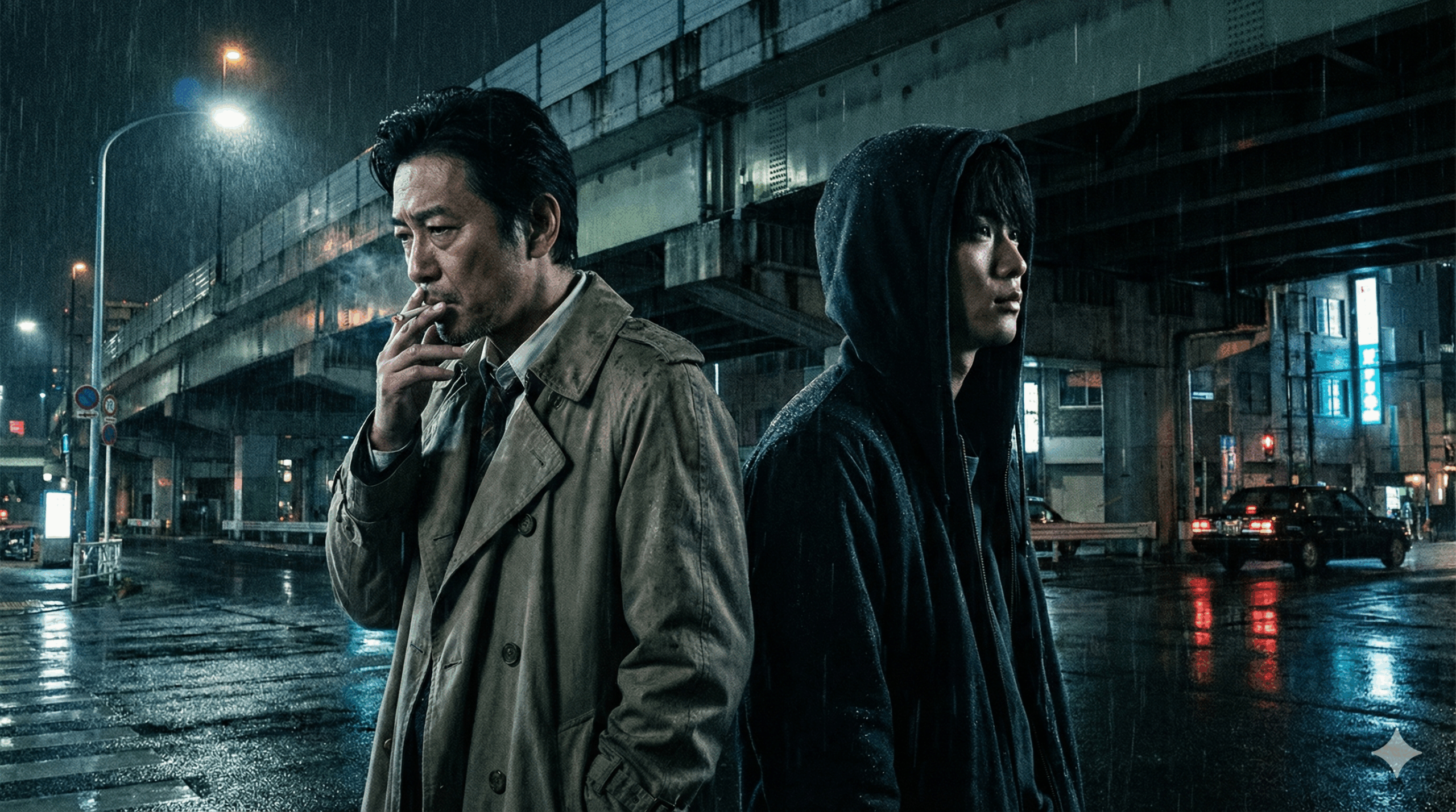 雨の夜、背中合わせに立つ吉岡秀隆（刑事・平良）と野田洋次郎（容疑者・阿久津）。WOWOWドラマ「夜の道標」の世界観を象徴する、湿度の高いダークなビジュアル。