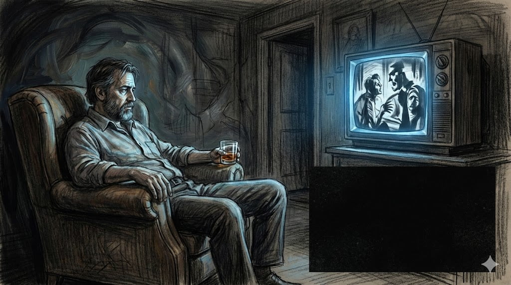 ５０代男性が１人掛けソファに座りウイスキー片手にWOWWOWドラマを楽しんでいる様子